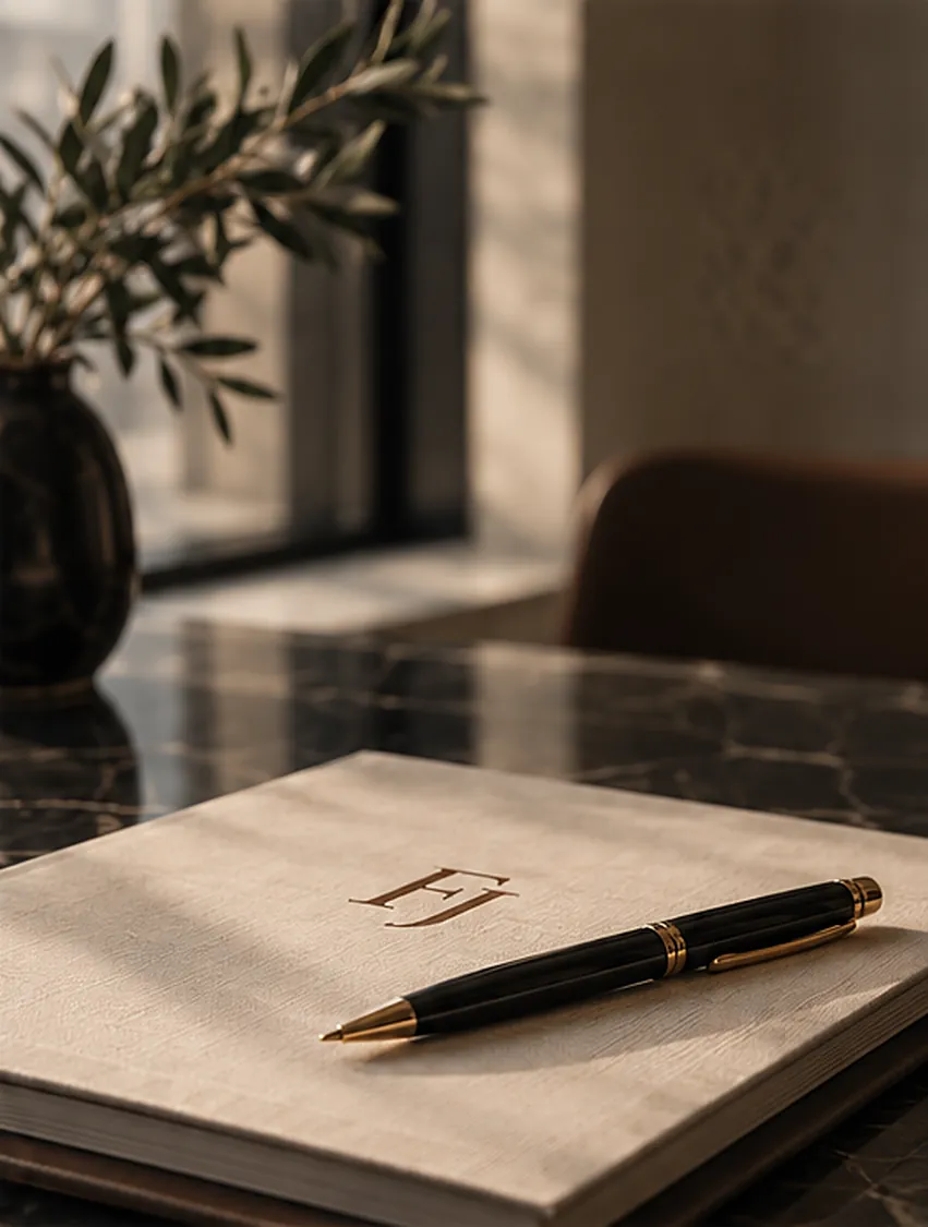 A notebook embossed with the FJ monogram and a pen on a marble desk beside olive branches.