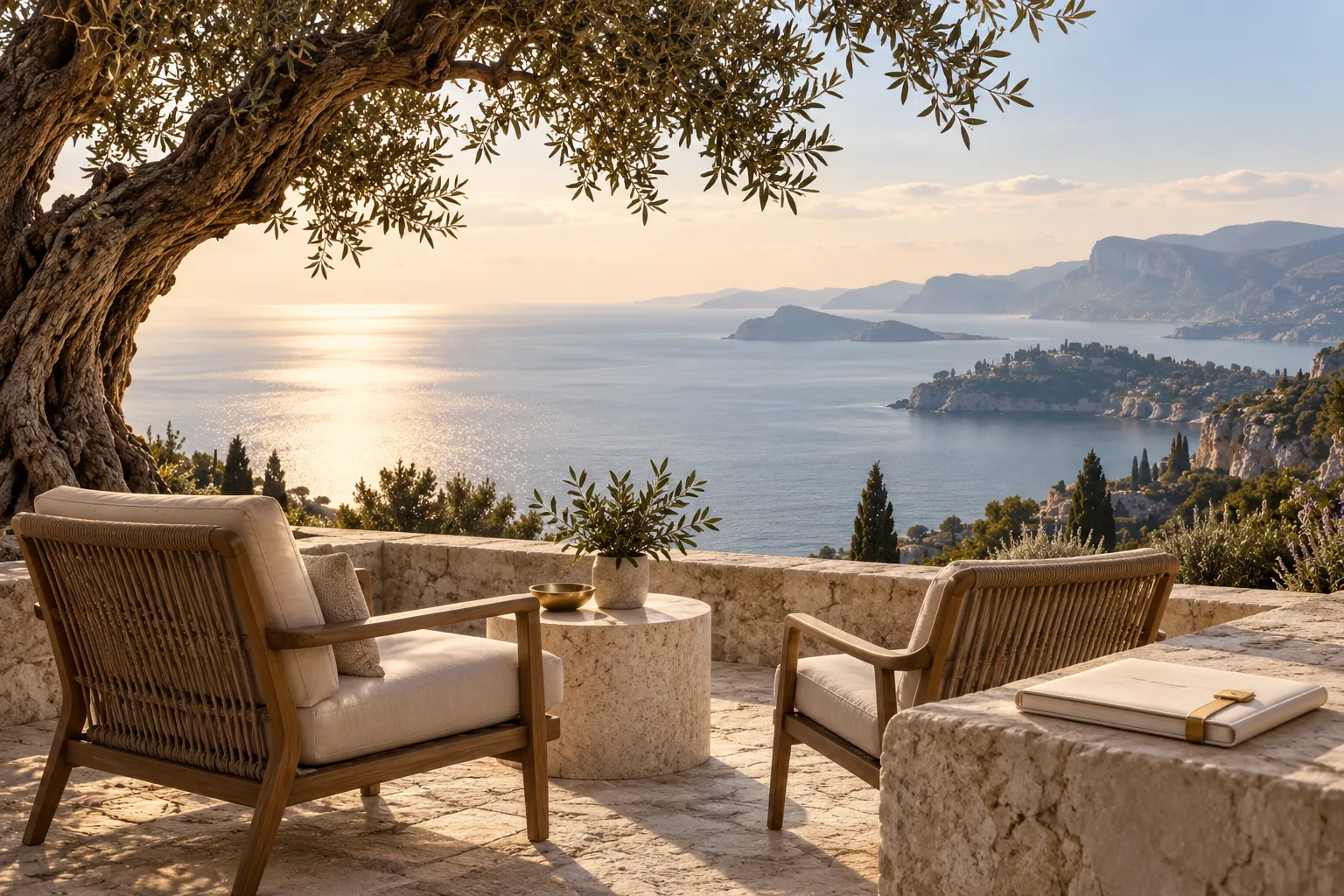 A stone terrace with an olive tree and two armchairs overlooking the sea at sunset.